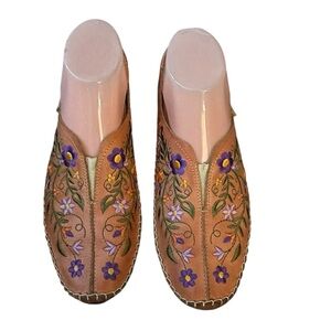 Super Rare Brandy Brown PIKOLINOS Jerez Tan Floral Embroidered Leather Moccasins